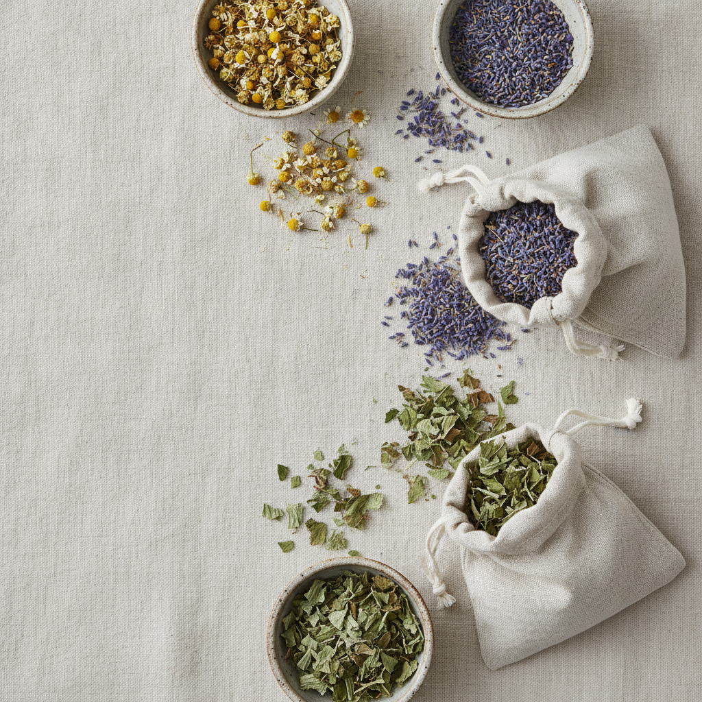Dried chamomile, lavender, and lemon balm arranged for evening tea
