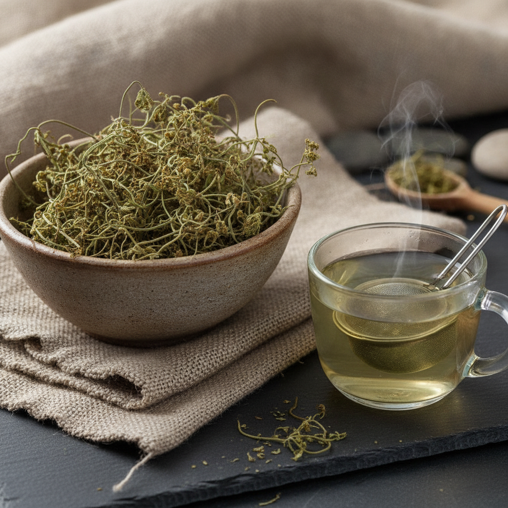 Dried cleavers herb beside a brewed cup of pale green tea