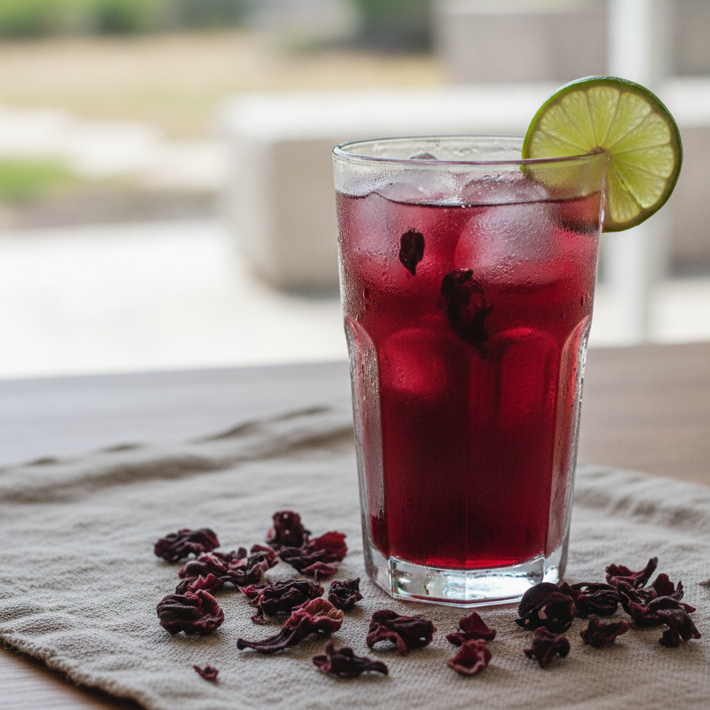 Glass of deep red iced hibiscus jamaica tea with lime