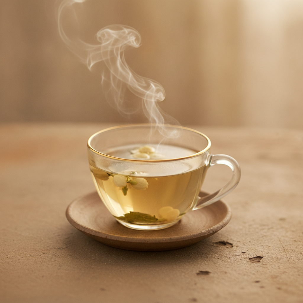 Delicate cup of pale golden jasmine tea with faint steam