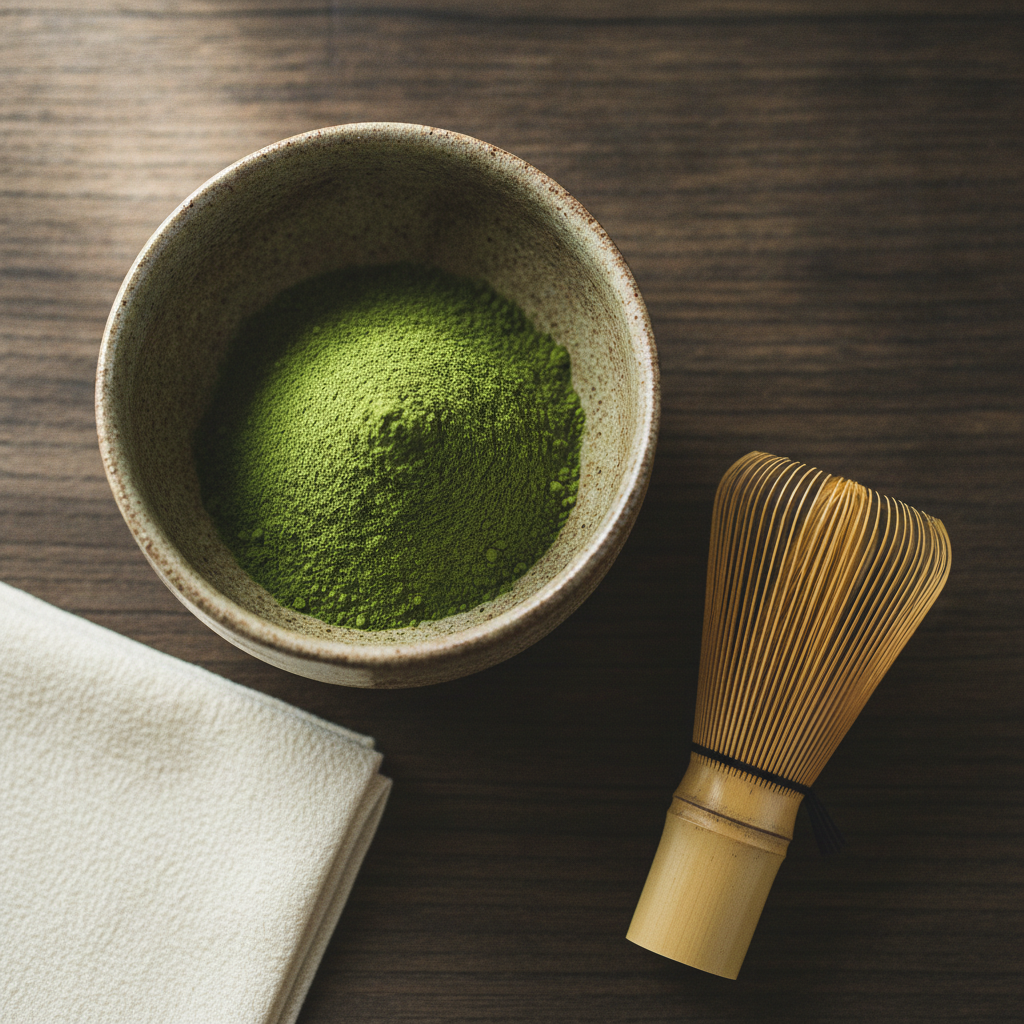Jade matcha powder in a ceramic bowl with bamboo whisk