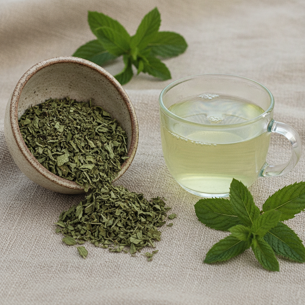 Dried spearmint leaves and a mug of pale green brewed tea