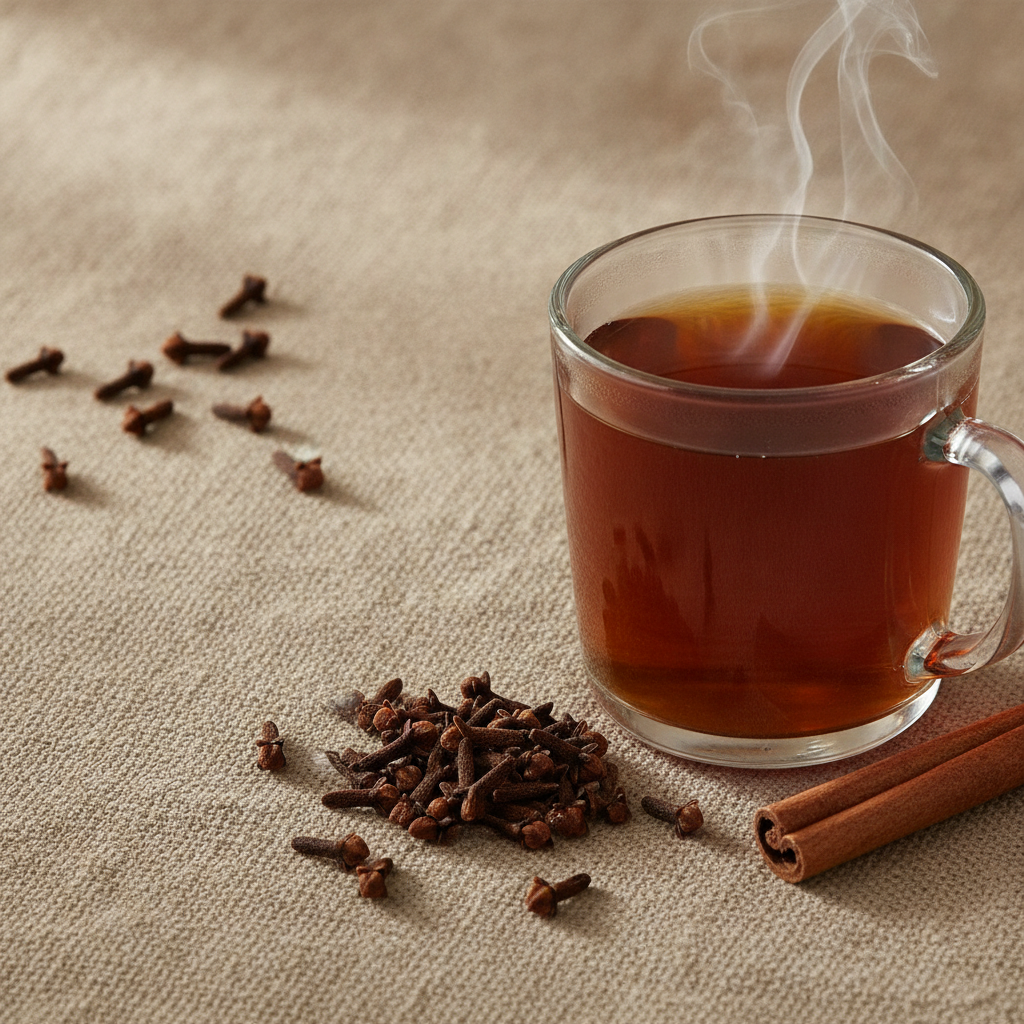 Whole clove buds beside a mug of amber spiced tea