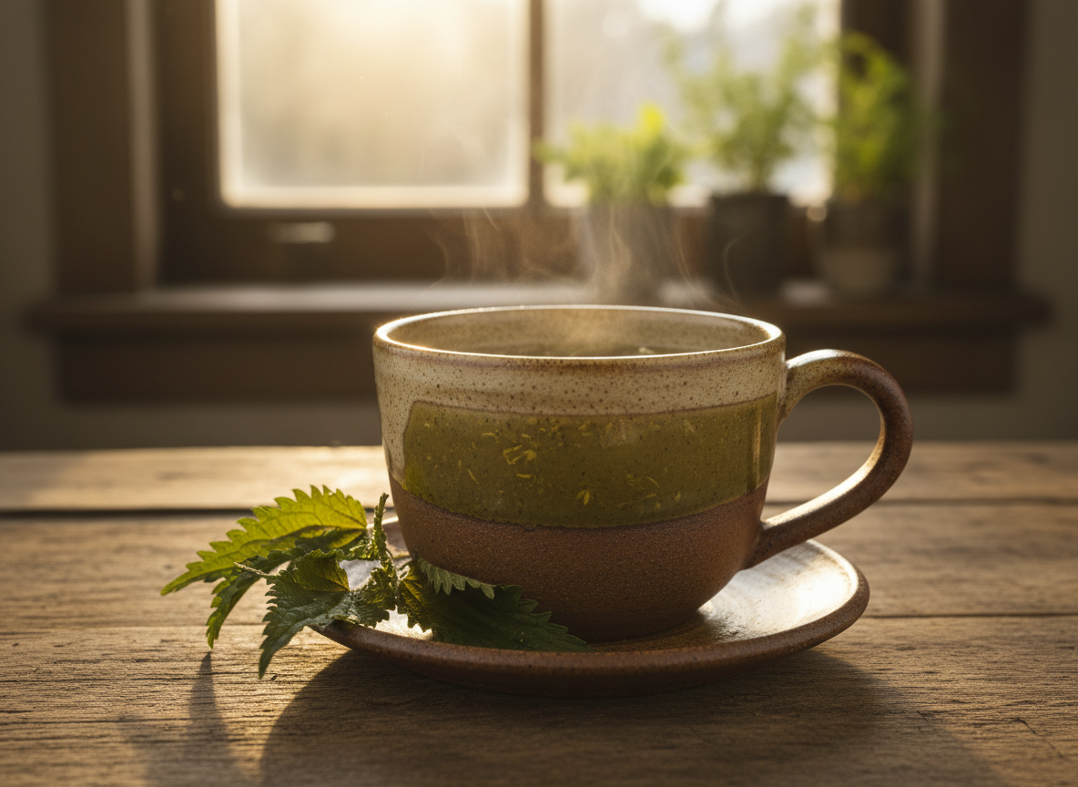 Nettle tea deep green-gold in stoneware mug with dried leaves on saucer