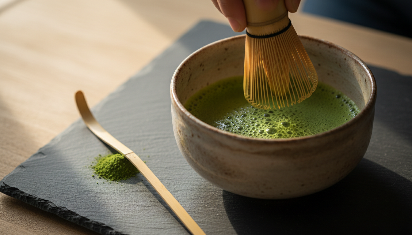 Hand whisking vibrant green matcha in ceramic chawan bowl with bamboo chasen