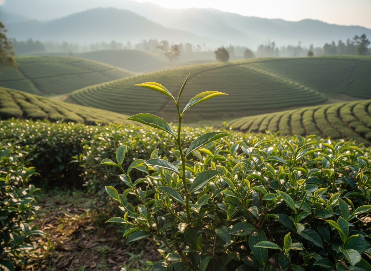 Camellia sinensis bush with fresh two-leaves-and-bud growth in highland garden