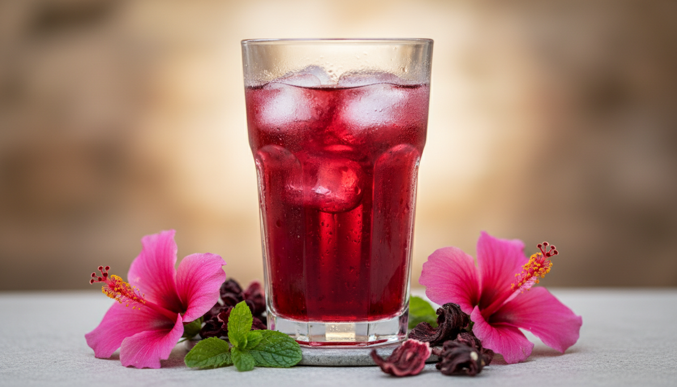 Ruby-red iced hibiscus tea in glass with fresh hibiscus flowers and mint