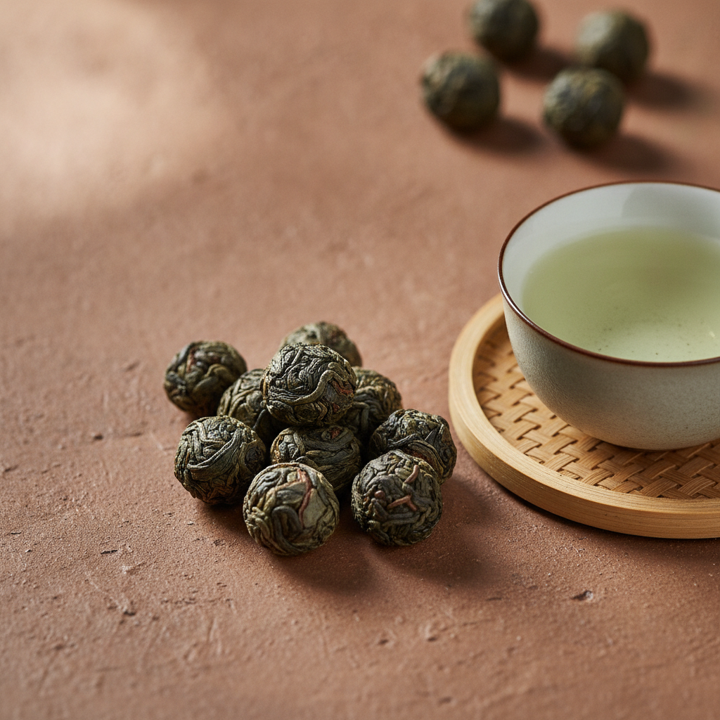 Rolled Tieguanyin oolong leaves beside a cup of pale jade tea