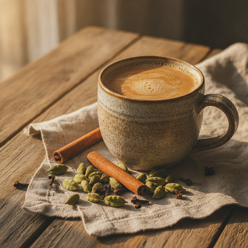 Mug of spiced masala chai surrounded by whole cardamom and cinnamon