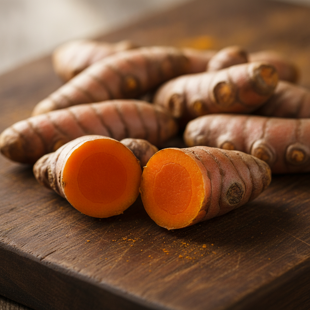 Sliced fresh turmeric root showing vivid orange flesh