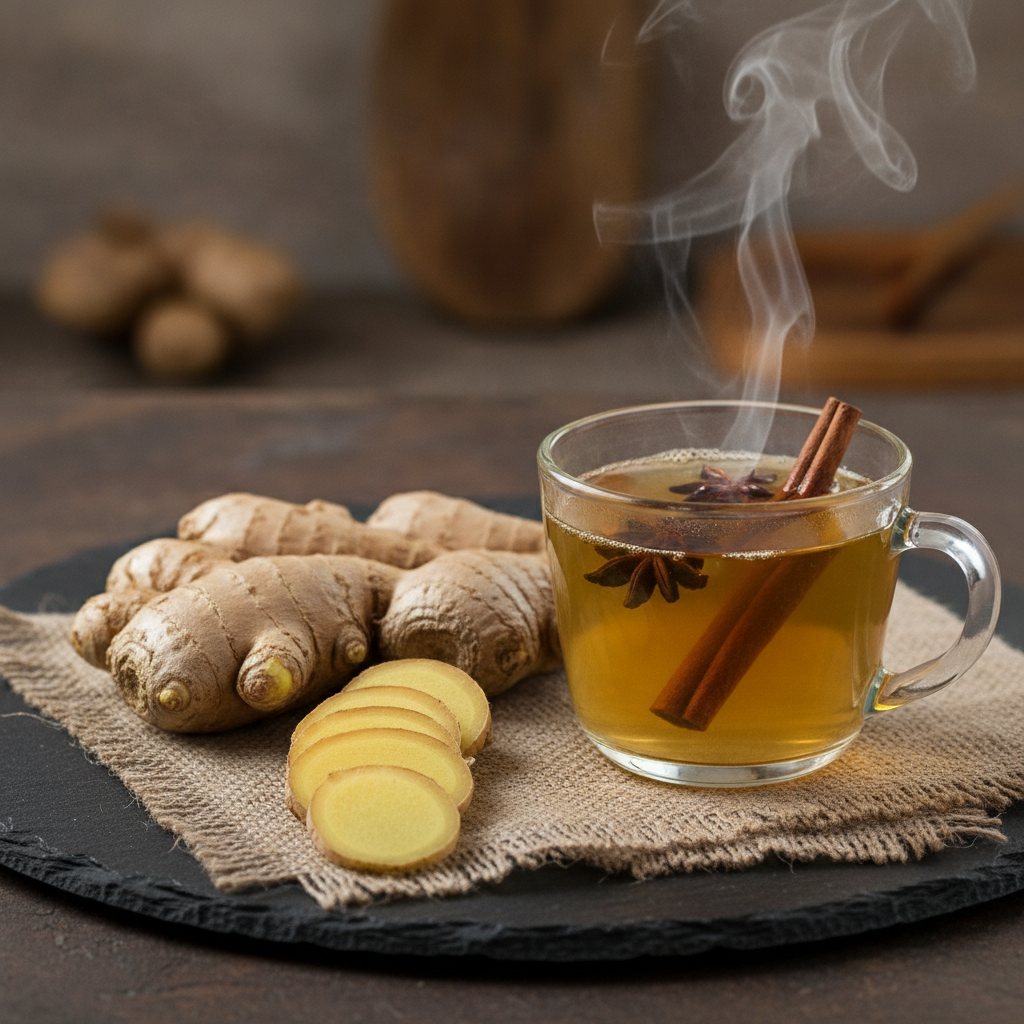 Sliced fresh ginger rhizome beside a steaming cup of golden tea