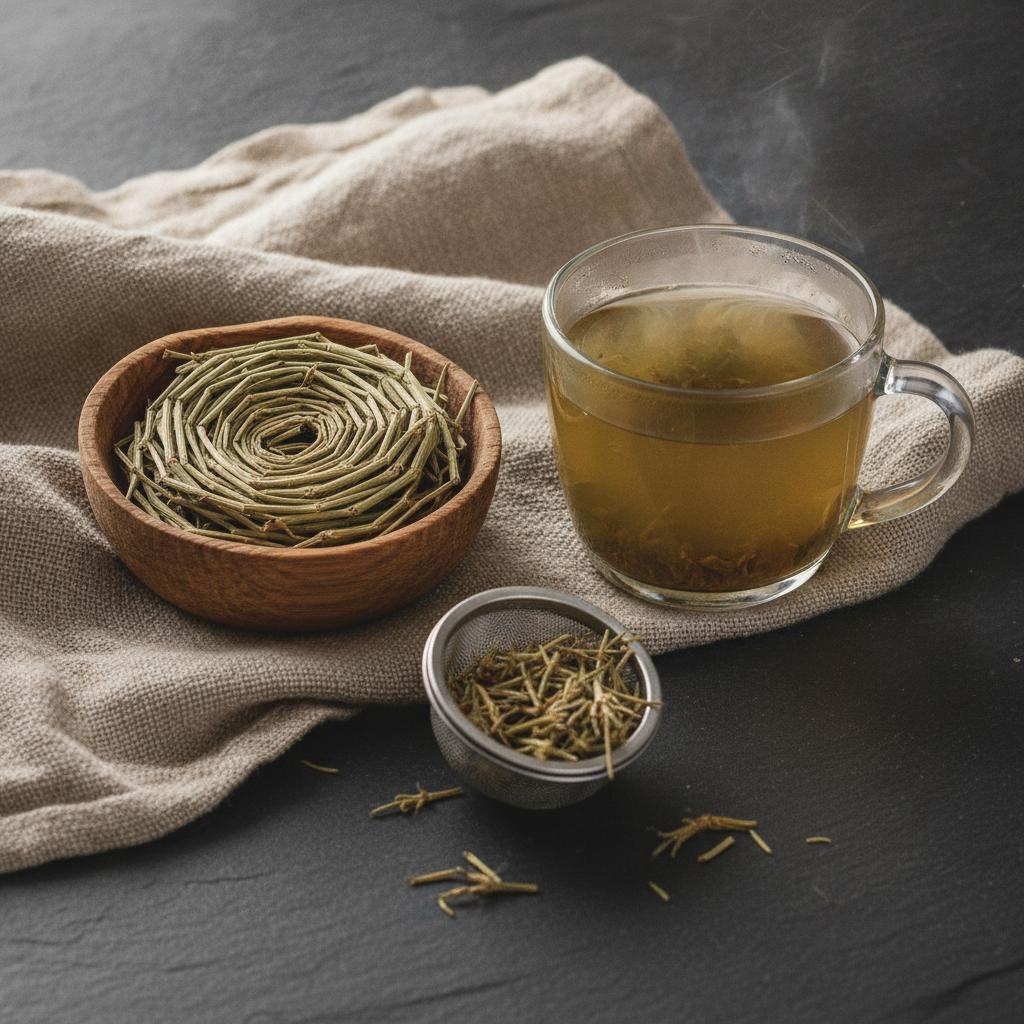 Dried horsetail stems beside a brewed cup of earthy green-gold tea