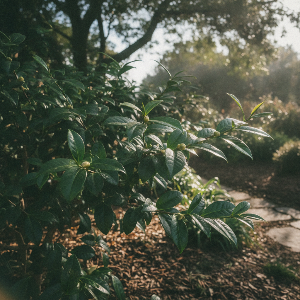 Camellia sinensis shrub with glossy leaves growing in a garden bed