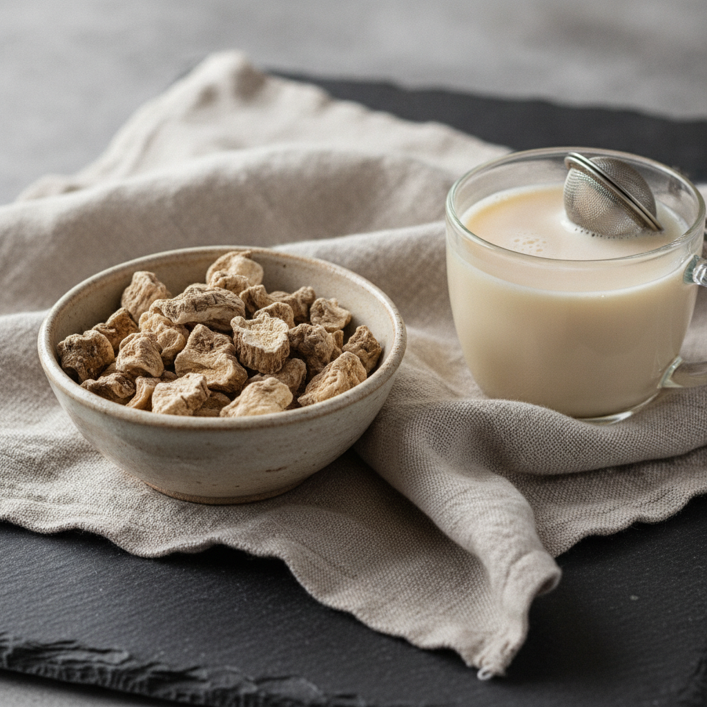 Dried marshmallow root pieces beside a brewed cup of pale tea
