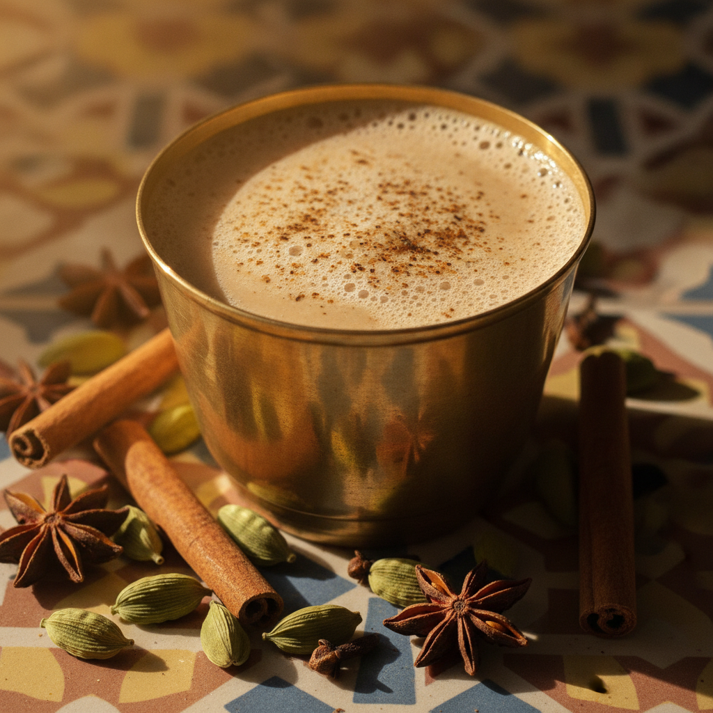 Brass cup of milky masala chai with whole spices scattered around