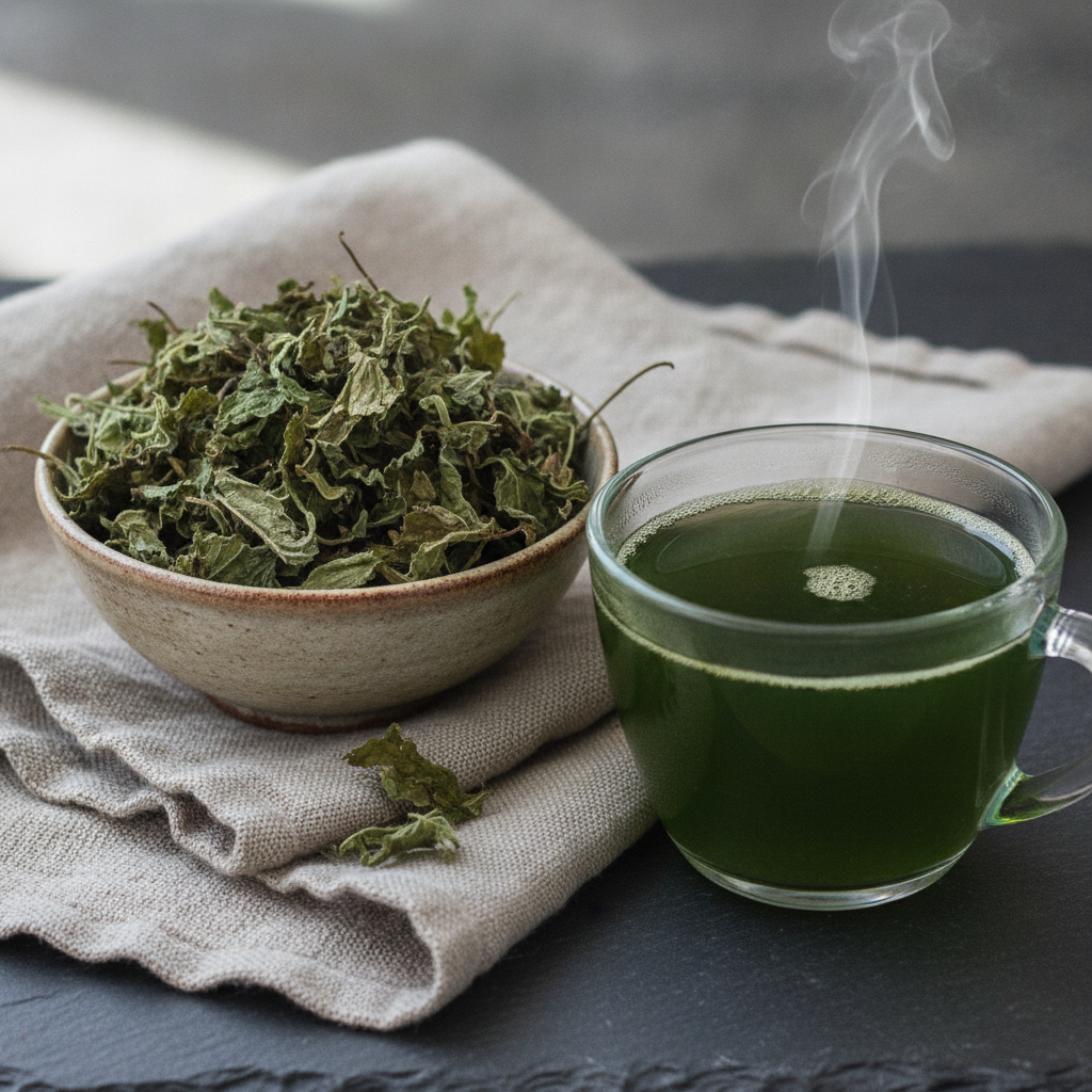Dried nettle leaf loose tea beside a brewed cup of deep green tea