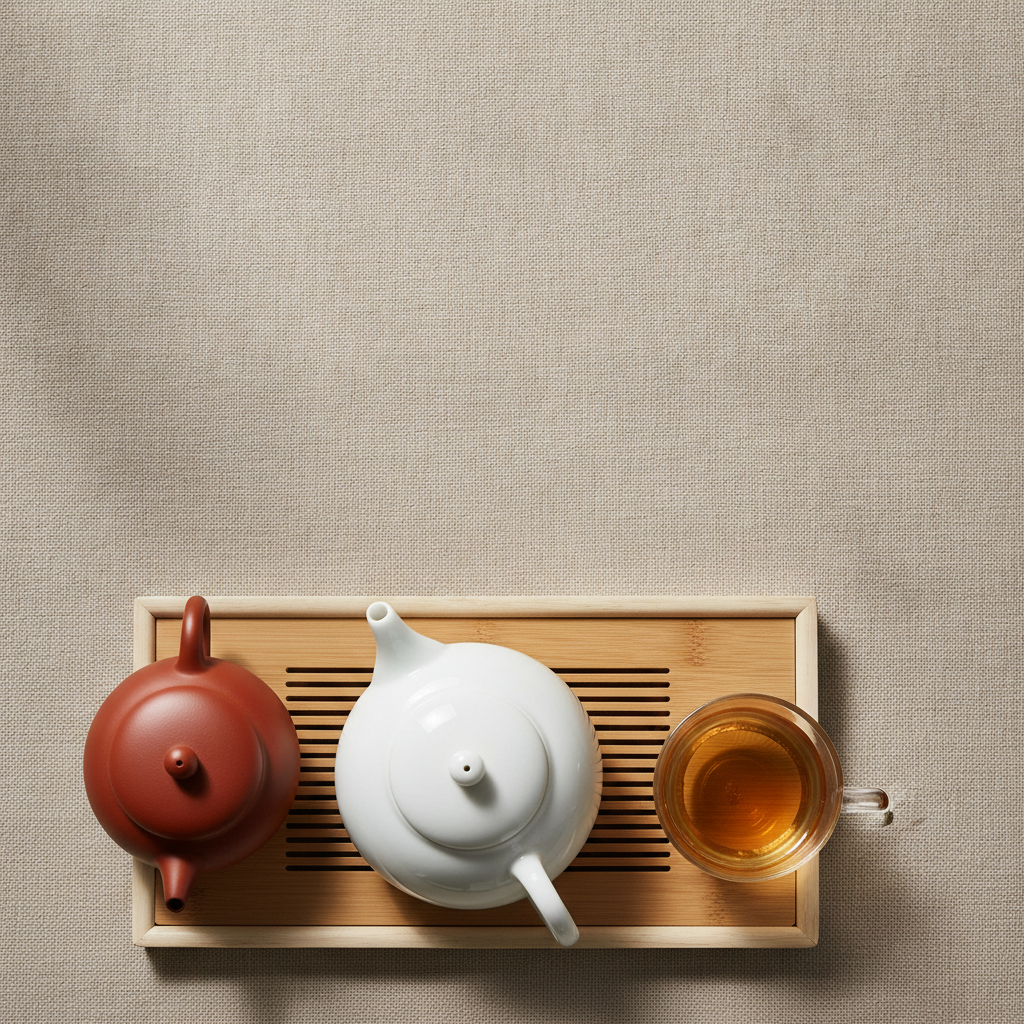 Porcelain, Yixing clay, and glass tea sets arranged together