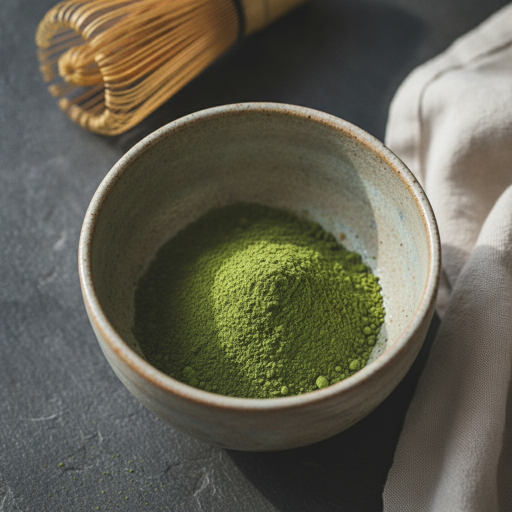 Jade matcha powder in a ceramic chawan with bamboo whisk